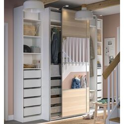 Шкаф-купе Ikea Pax/Mehamn/Auli полки/штанги/ящики/корзины/зеркало 250x66x236 (Белый/Имитация Состаренного Дуба) Thumb