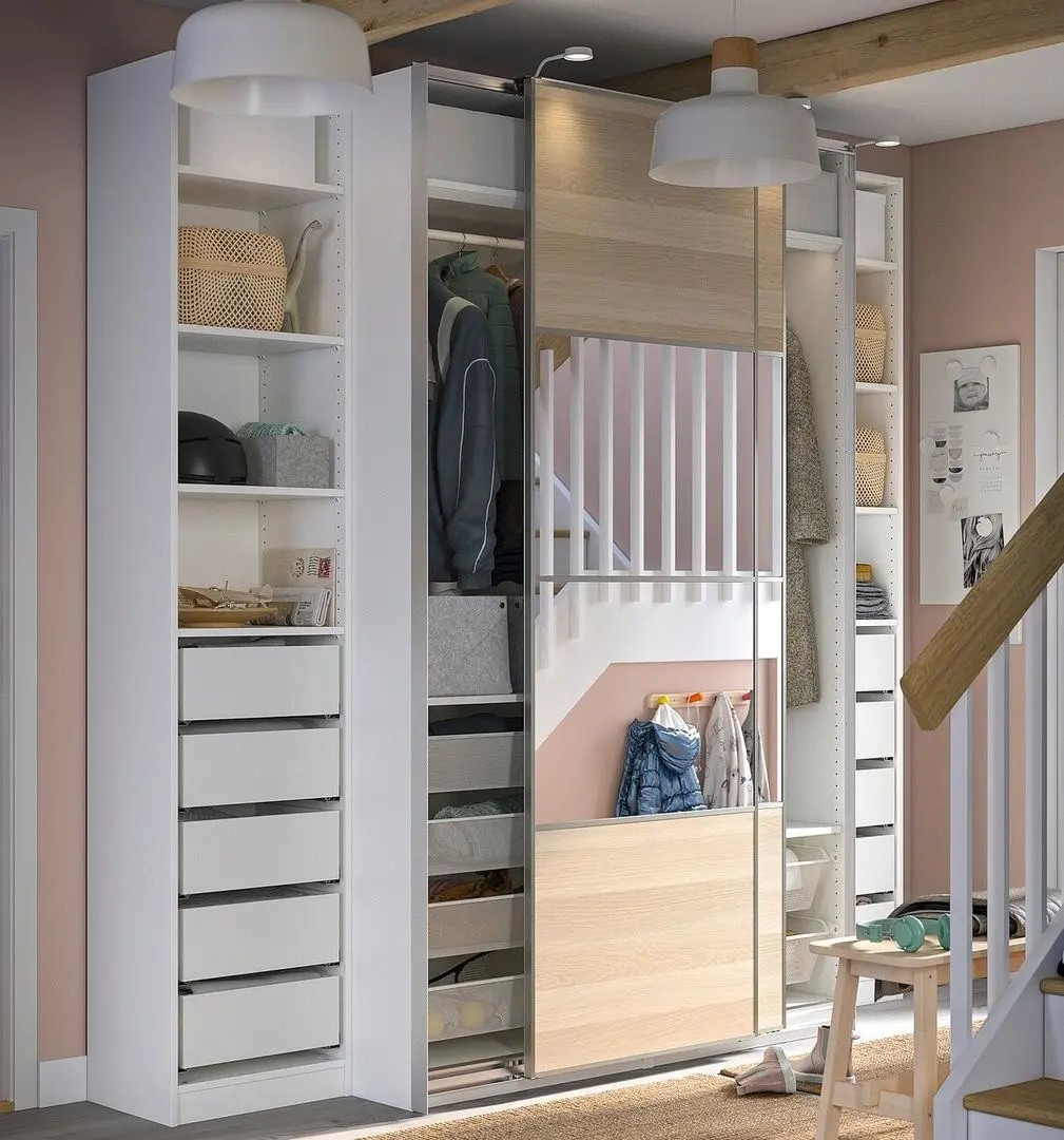 Шкаф-купе Ikea Pax/Mehamn/Auli полки/штанги/ящики/корзины/зеркало 250x66x236 (Белый/Имитация Состаренного Дуба) - 2