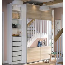 Dulap-cupe Ikea Pax/Mehamn/Auli rafturi/bare/sertare/cosuri/oglinda 250x66x236 (Alb/Aspect Stejar Antichizat)