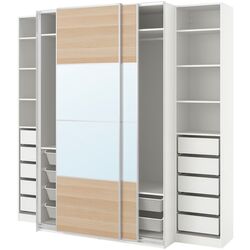 Шкаф-купе Ikea Pax/Mehamn/Auli полки/штанги/ящики/корзины/зеркало 250x66x236 (Белый/Имитация Состаренного Дуба) Thumb