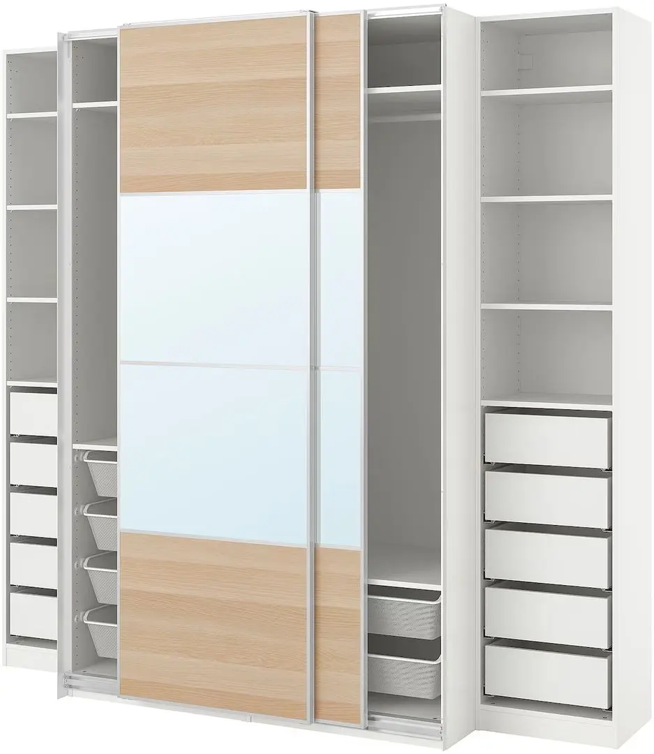 Шкаф-купе Ikea Pax/Mehamn/Auli полки/штанги/ящики/корзины/зеркало 250x66x236 (Белый/Имитация Состаренного Дуба) - 5