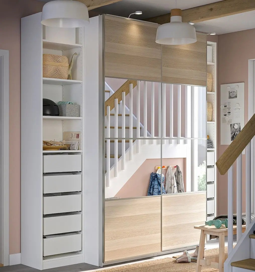 Шкаф-купе Ikea Pax/Mehamn/Auli полки/штанги/ящики/корзины/зеркало 250x66x236 (Белый/Имитация Состаренного Дуба)