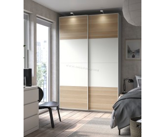 Шкаф-купе Ikea Pax/Mehamn полки/штанги/корзины 150x44x236 (Белый/Имитация Состаренного Дуба)