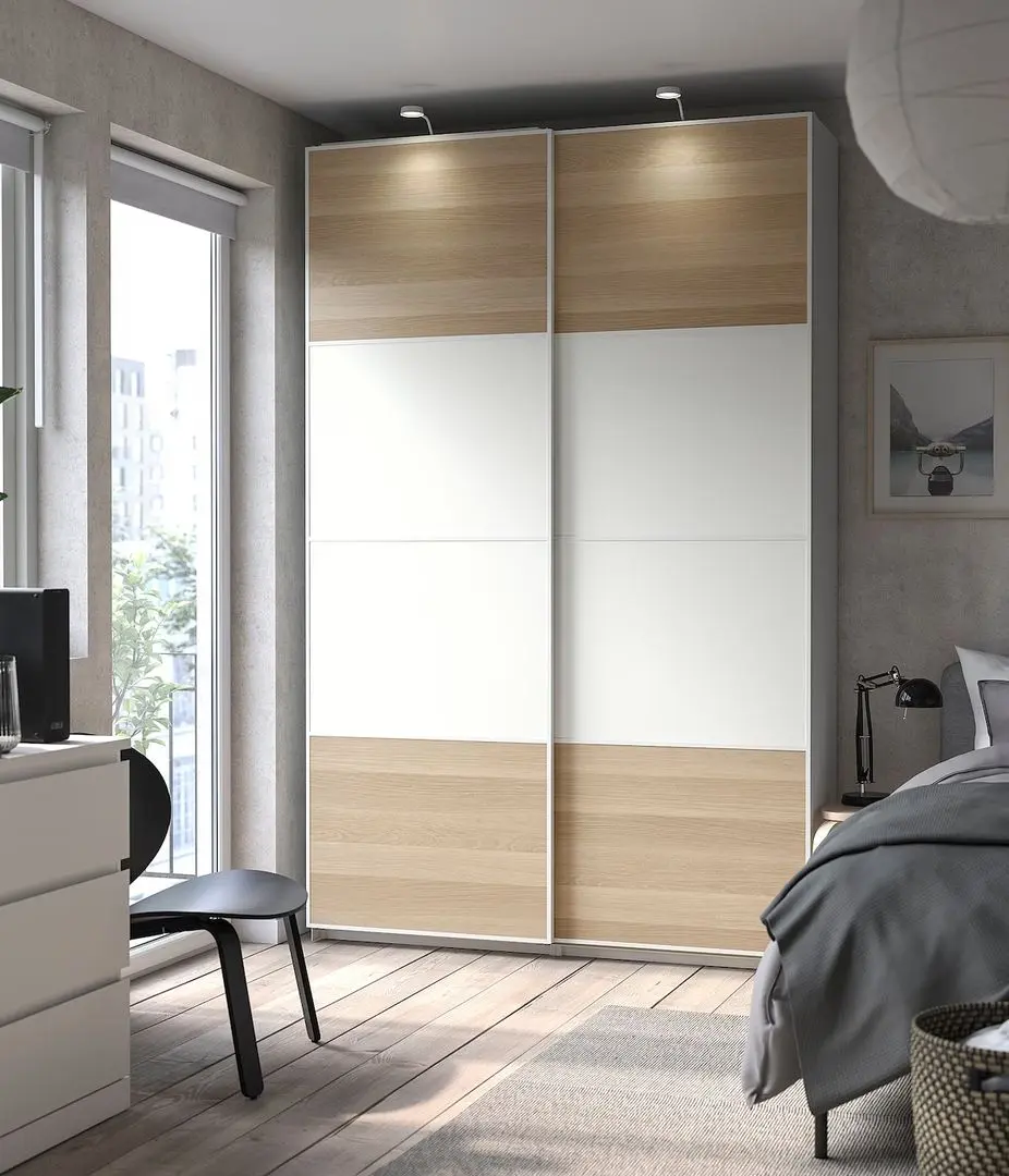 Dulap-cupe Ikea Pax/Mehamn rafturi/bare/cosuri 150x44x236 (Alb/Aspect Stejar Antichizat)