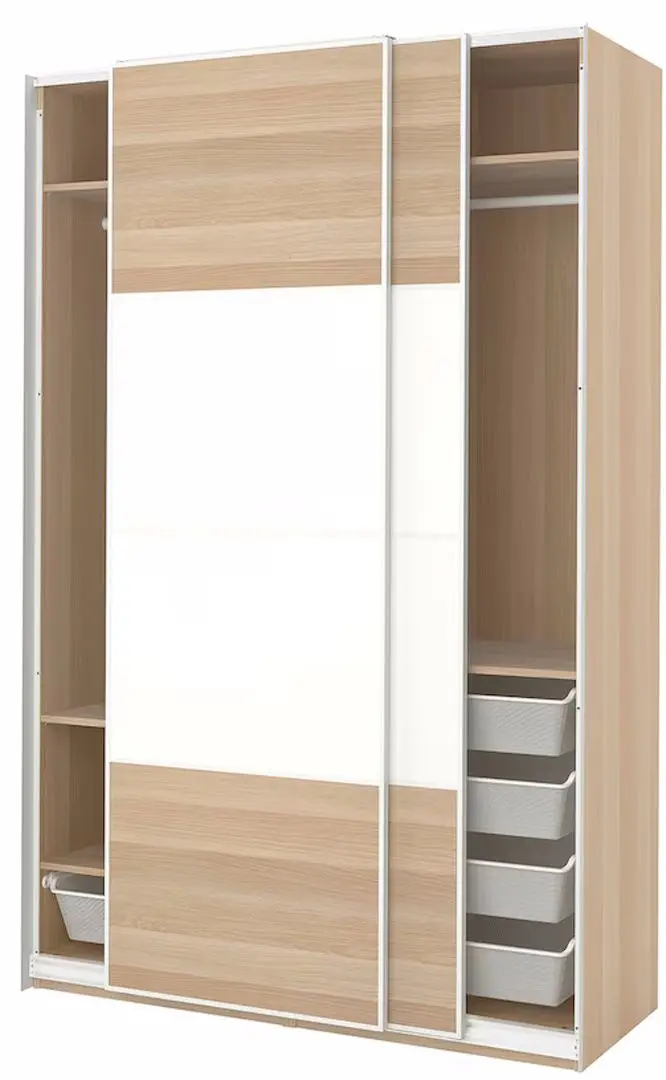 Dulap-cupe Ikea Pax/Mehamn rafturi/bare/cosuri/2 fete 150x66x236 (Alb/Aspect Stejar Antichizat)