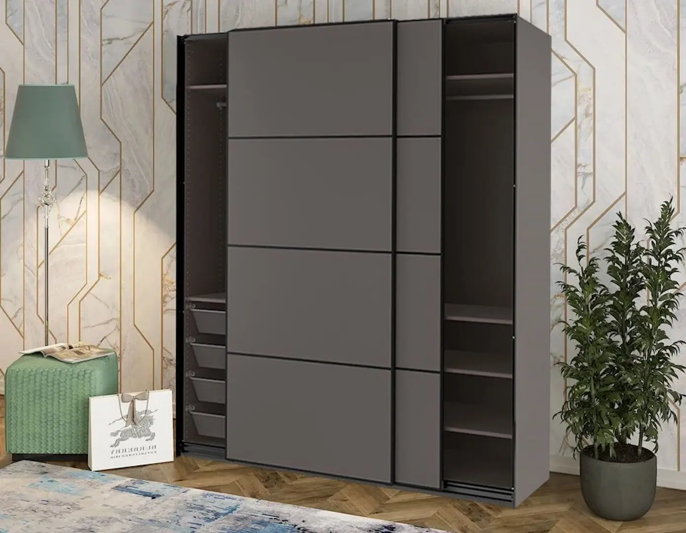 Dulap-cupe Ikea Pax/Mehamn rafturi/bare/cosuri/2 fete 200x66x236 (Gri Inchis)