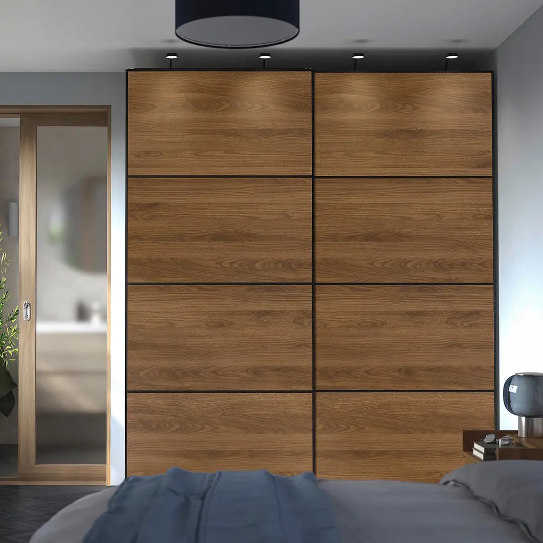 Dulap-cupe Ikea Pax/Mehamn rafturi/bare/cosuri 200x66x236 (Gri inchis/Negru/Nuc)