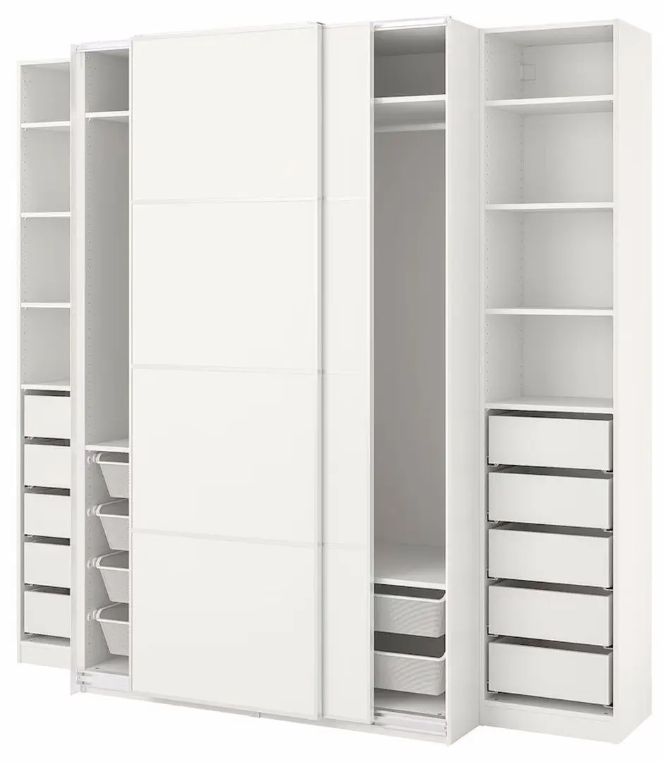 Dulap-cupe Ikea Pax/Mehamn rafturi/bare/cosuri/sertare/2 fete 250x66x236 (Alb)