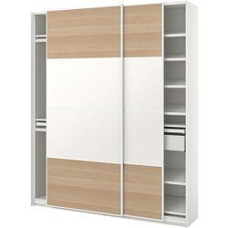 Dulap-cupe Ikea Pax/Mehamn rafturi/bare/sertar 200x44x236 (Alb/Aspect Stejar Antichizat) Thumb