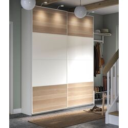 Dulap-cupe Ikea Pax/Mehamn rafturi/bare/sertar 200x44x236 (Alb/Aspect Stejar Antichizat)