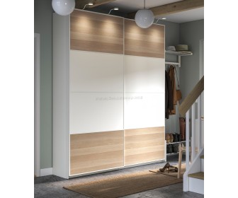 Dulap-cupe Ikea Pax/Mehamn rafturi/bare/sertar 200x44x236 (Alb/Aspect Stejar Antichizat)