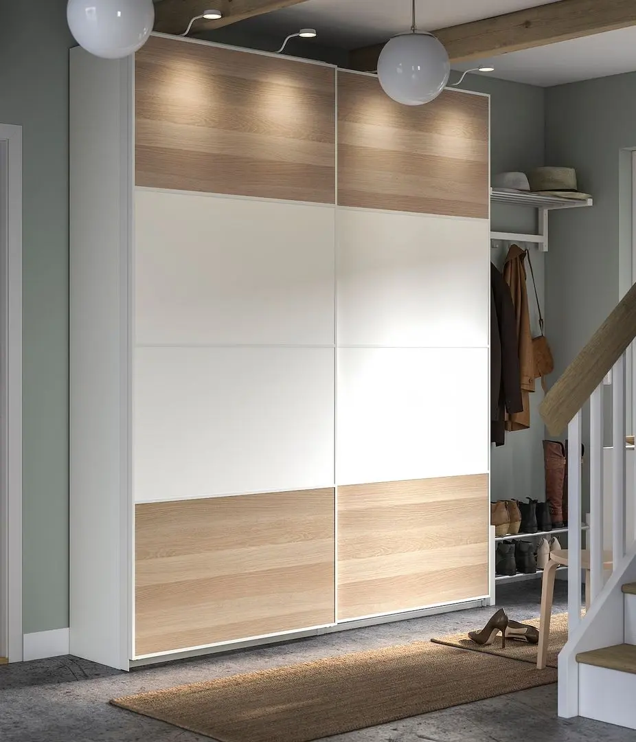 Dulap-cupe Ikea Pax/Mehamn rafturi/bare/sertar 200x44x236 (Alb/Aspect Stejar Antichizat)