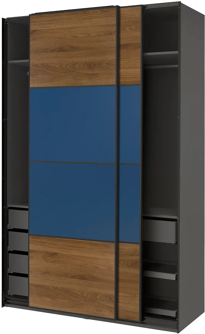 Dulap-cupe Ikea Pax/Mehamn rafturi/bare/sertare 150x66x236 (Gri inchis/Negru/Nuc/Albastru) - 3