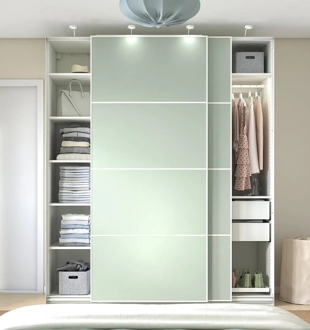 Dulap-cupe Ikea Pax/Mehamn rafturi/bare/sertare 200x66x236 (Alb/Verde deschis)