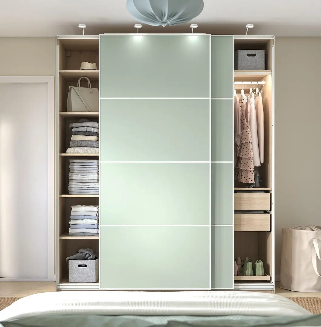 Dulap-cupe Ikea Pax/Mehamn rafturi/bare/sertare 200x66x236 (Aspect Stejar Antichizat/Verde deschis)