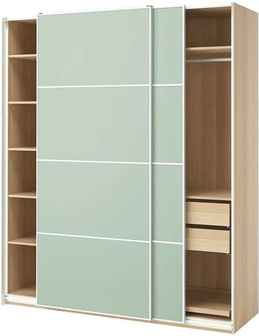 Dulap-cupe Ikea Pax/Mehamn rafturi/bare/sertare 200x66x236 (Aspect Stejar Antichizat/Verde deschis)