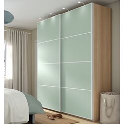 Dulap-cupe Ikea Pax/Mehamn rafturi/bare/sertare 200x66x236 (Aspect Stejar Antichizat/Verde deschis)