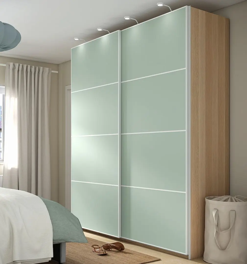 Dulap-cupe Ikea Pax/Mehamn rafturi/bare/sertare 200x66x236 (Aspect Stejar Antichizat/Verde deschis)