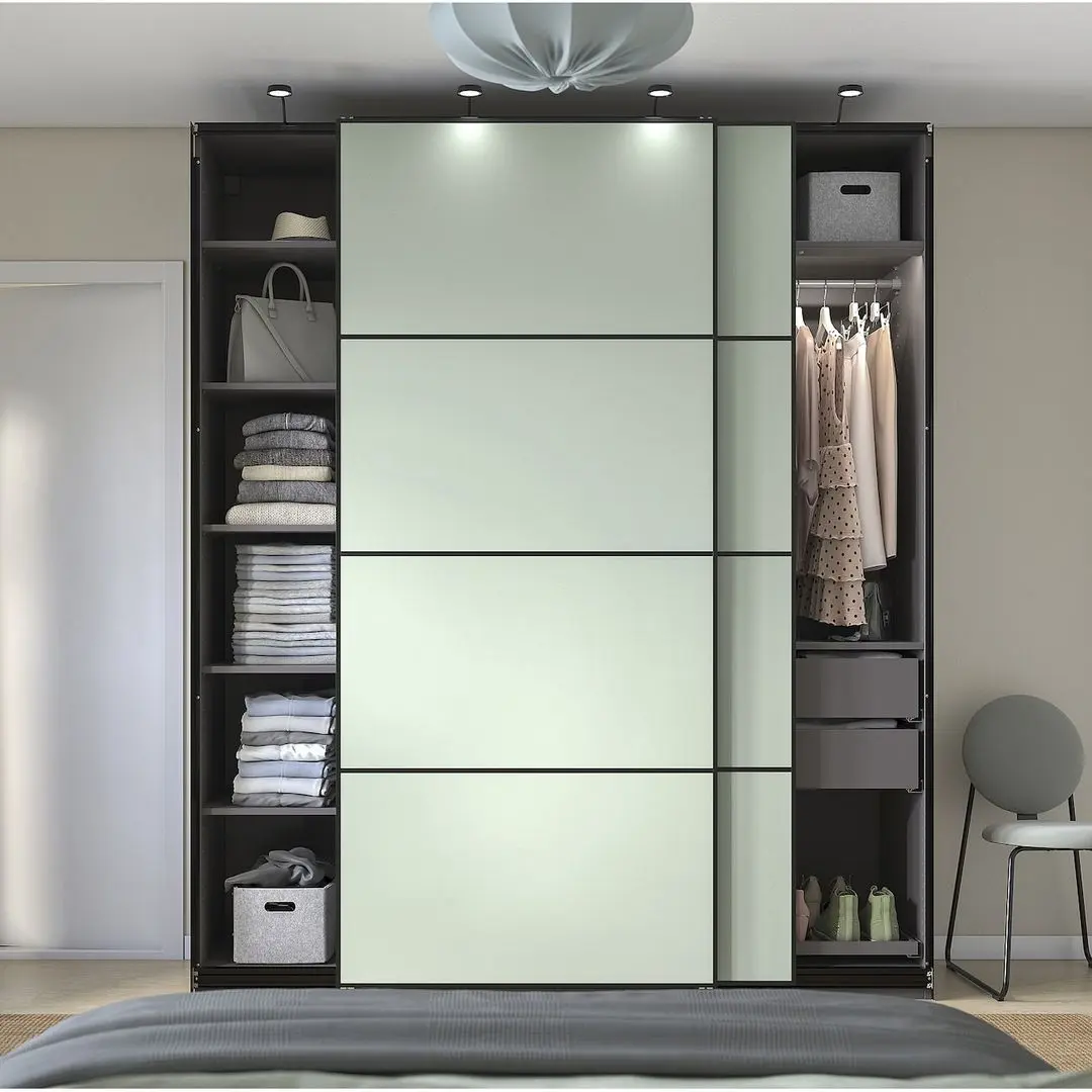 Dulap-cupe Ikea Pax/Mehamn rafturi/bare/sertare 200x66x236 (Gri inchis/Verde deschis)