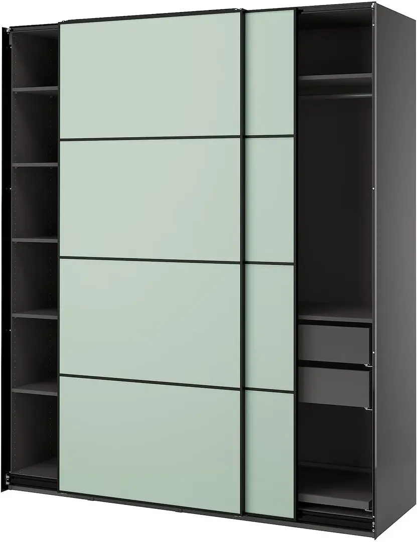 Dulap-cupe Ikea Pax/Mehamn rafturi/bare/sertare 200x66x236 (Gri inchis/Verde deschis)