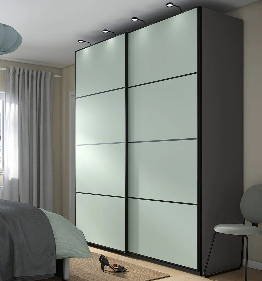 Dulap-cupe Ikea Pax/Mehamn rafturi/bare/sertare 200x66x236 (Gri inchis/Verde deschis)