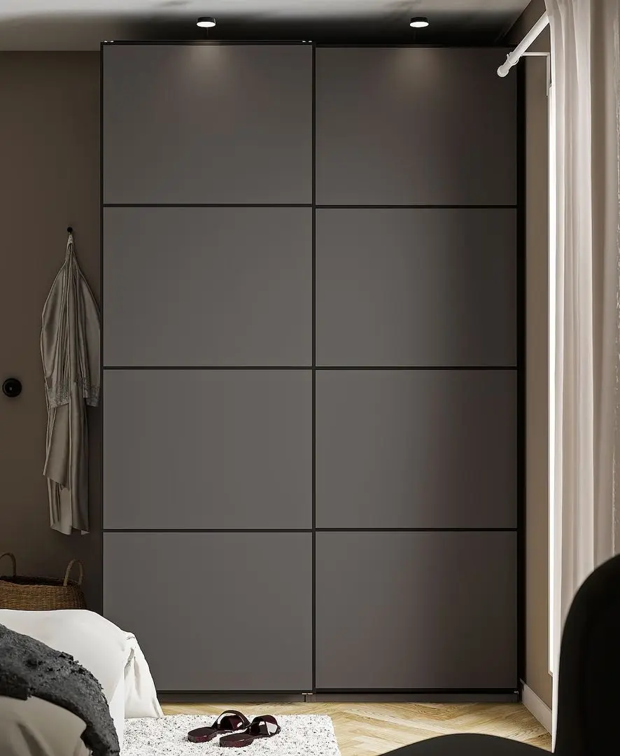 Dulap-cupe Ikea Pax/Mehamn rafturi/bare/sertare/cos 150x66x236 (Gri inchis)