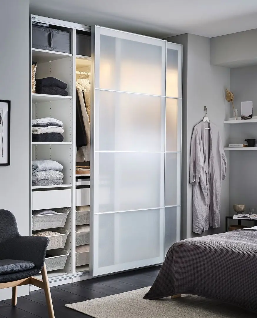 Dulap-cupe Ikea Pax/Svartisdal rafturi/bare/sertare/cosuri 200x66x201 (Alb/Alb Aspect Hartie)