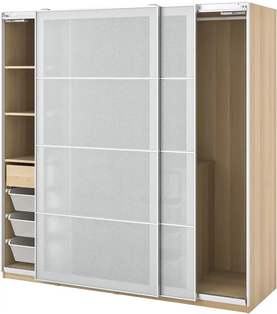 Dulap-cupe Ikea Pax/Svartisdal rafturi/bare/sertare/cosuri 200x66x201 (Aspect Stejar Antichizat/Alb Aspect Hartie)