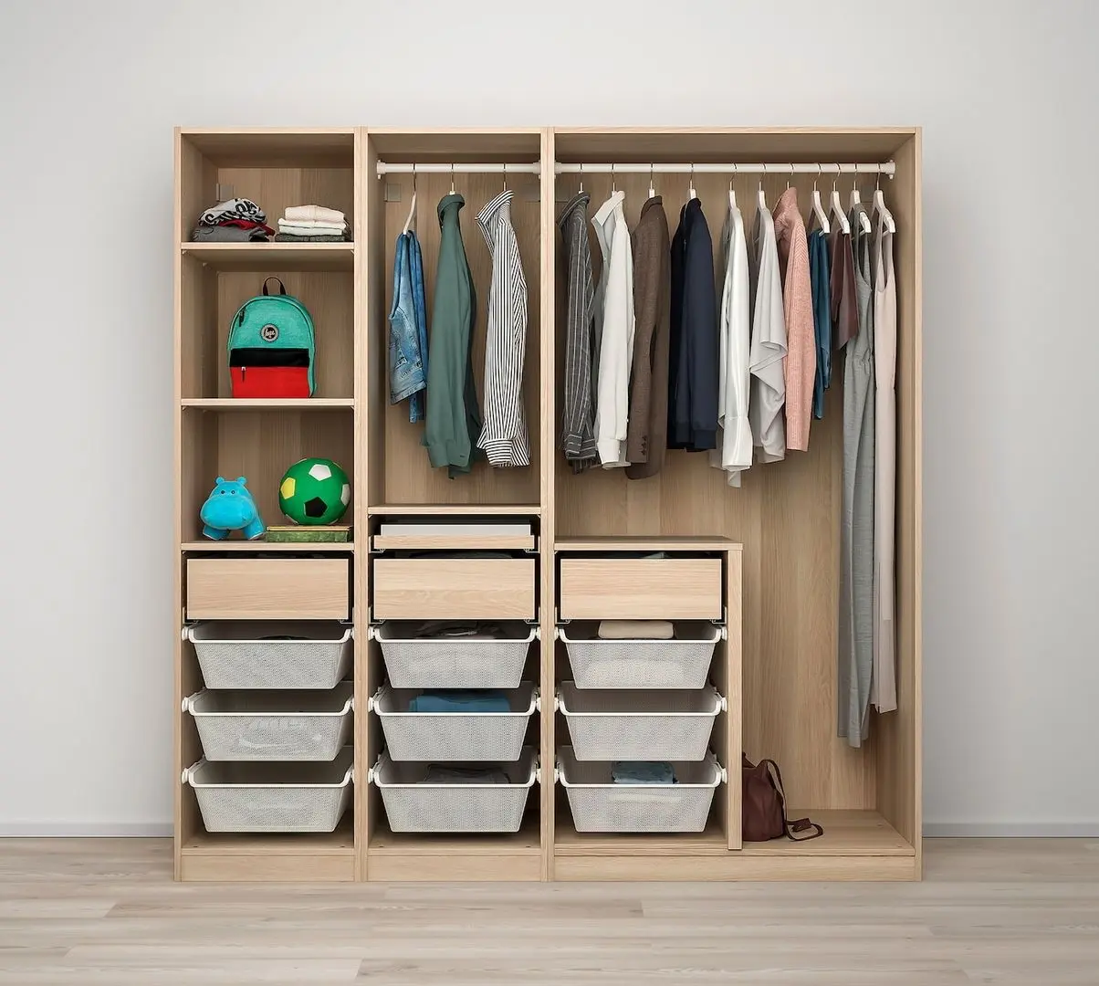 Dulap-cupe Ikea Pax/Svartisdal rafturi/bare/sertare/cosuri 200x66x201 (Aspect Stejar Antichizat/Alb Aspect Hartie)