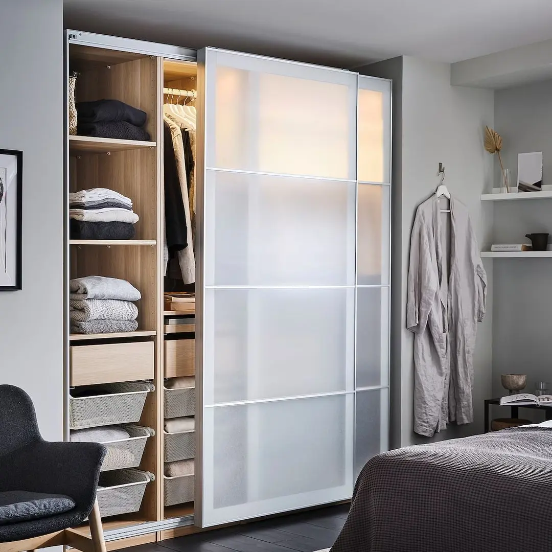 Dulap-cupe Ikea Pax/Svartisdal rafturi/bare/sertare/cosuri 200x66x201 (Aspect Stejar Antichizat/Alb Aspect Hartie)