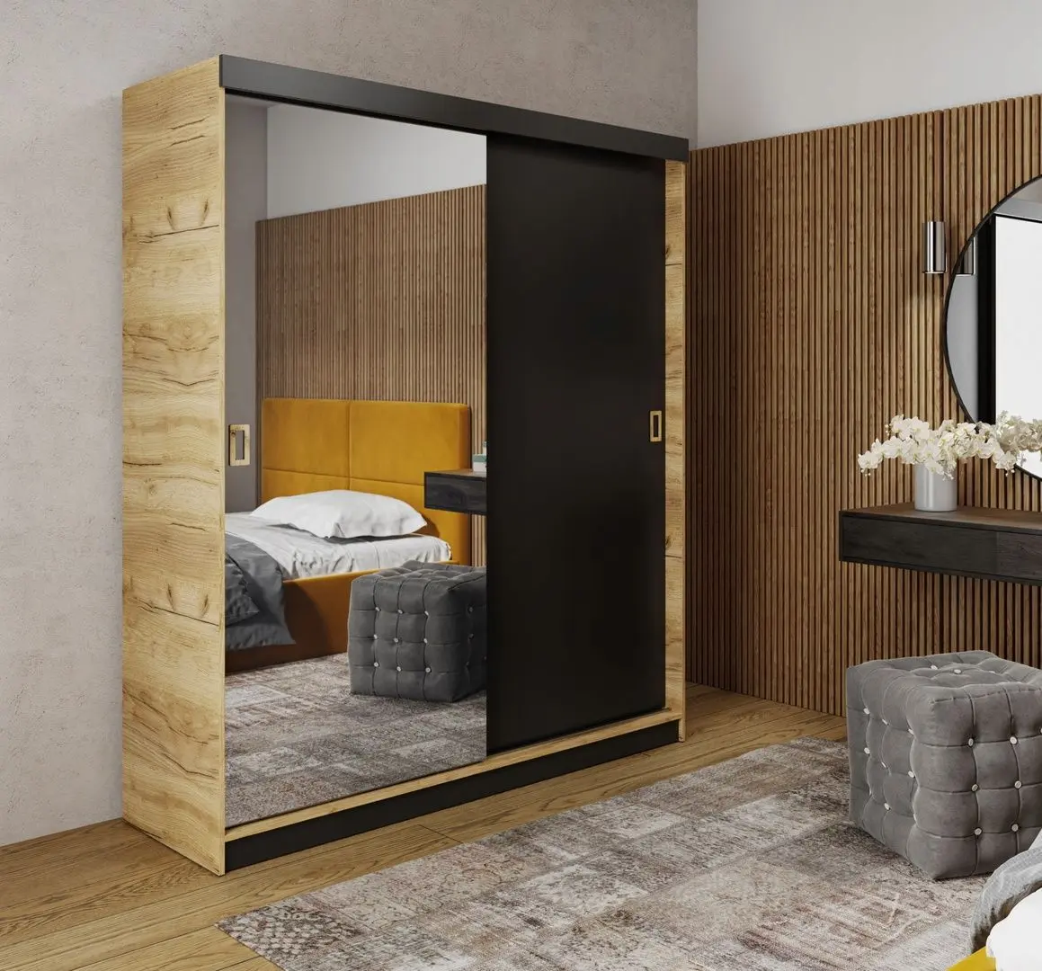 Dulap-cupe Prime Furniture Retro 1 Craft Oak Golden Handles 138x205x59 (Craft Oak Golden/Black)