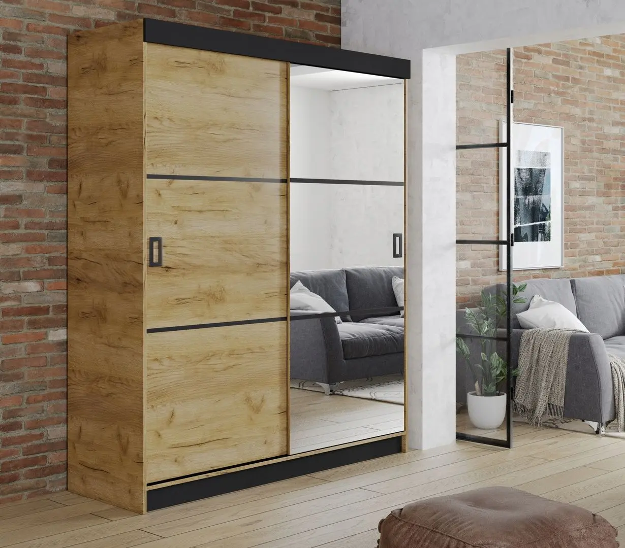 Dulap-cupe Prime Furniture Retro 3 138x205x59 (Craft Oak Golden/Black)