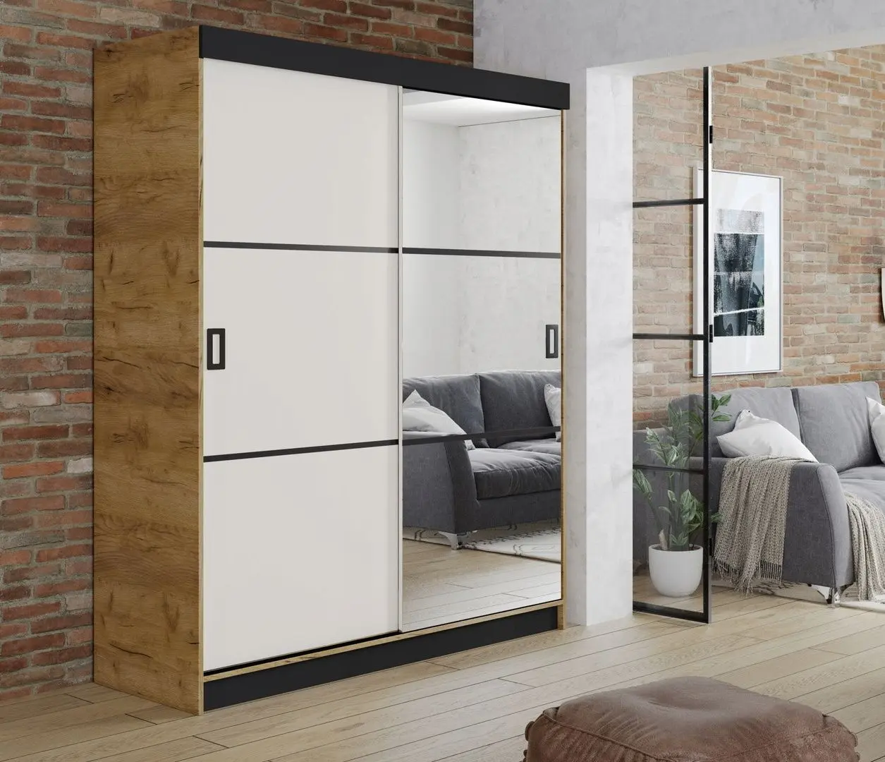 Dulap-cupe Prime Furniture Retro 3 138x205x59 (Craft Oak Golden/White/Black)