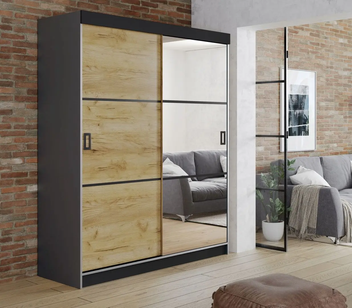 Dulap-cupe Prime Furniture Retro 3 138x205x59 (Graphite/Craft Oak Golden/Black)