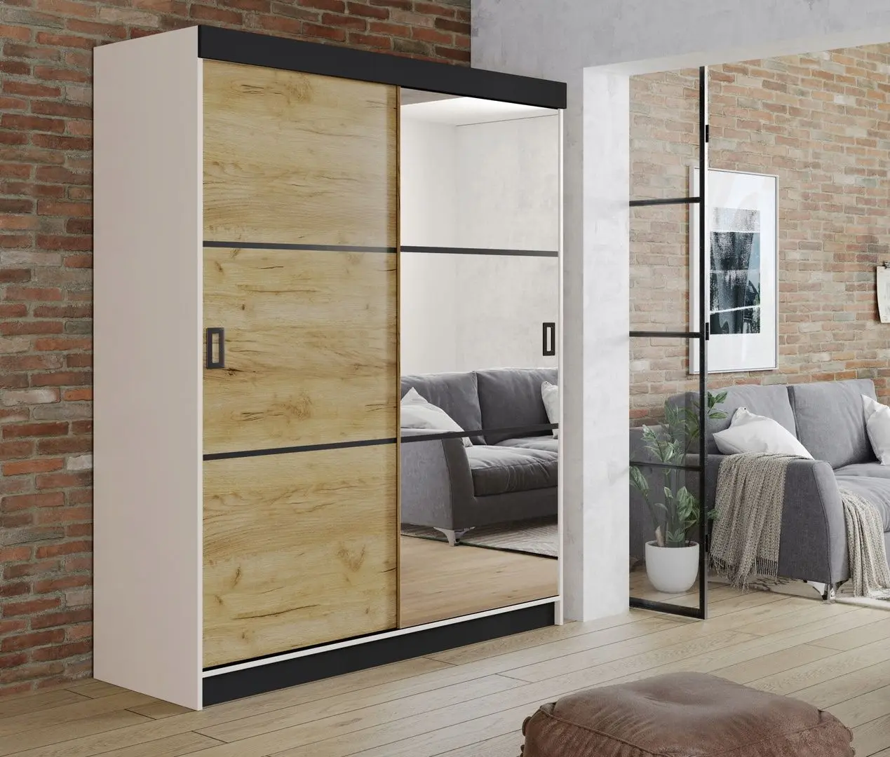 Dulap-cupe Prime Furniture Retro 3 138x205x59 (White/Craft Oak Golden/Black)