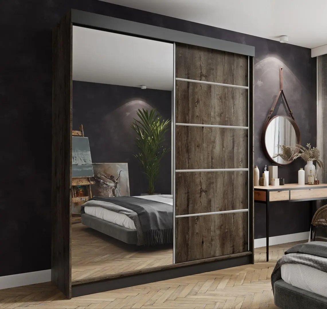 Dulap-cupe Prime Furniture Amo 150x200x62 (Ash Dark/Black/Silver)