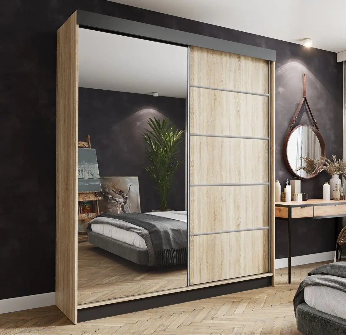 Dulap-cupe Prime Furniture Amo 200x200x62 (Sonoma Oak/Black/Silver)