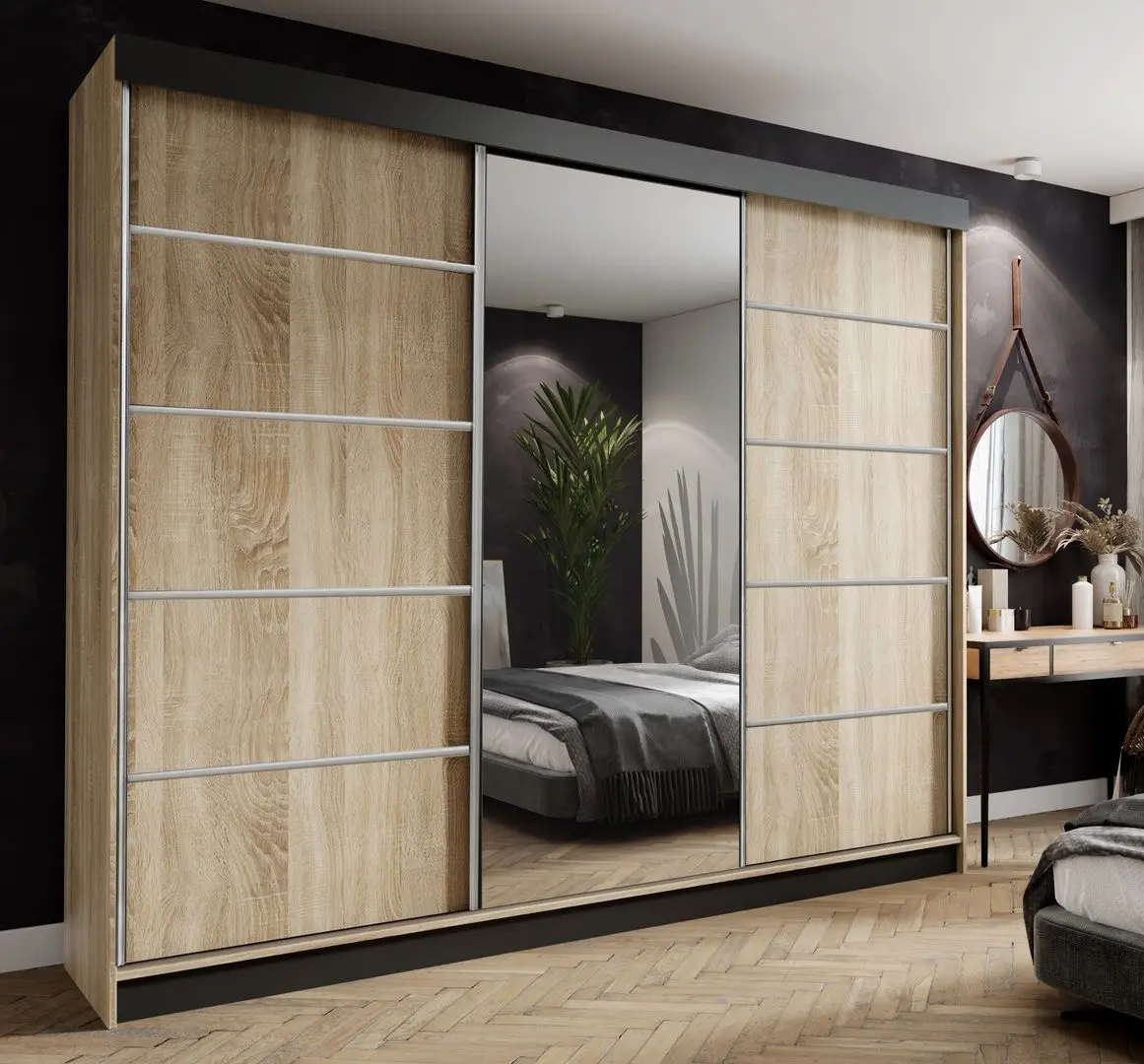 Dulap-cupe Prime Furniture Amo 250x200x62 (Sonoma Oak/Black/Silver)