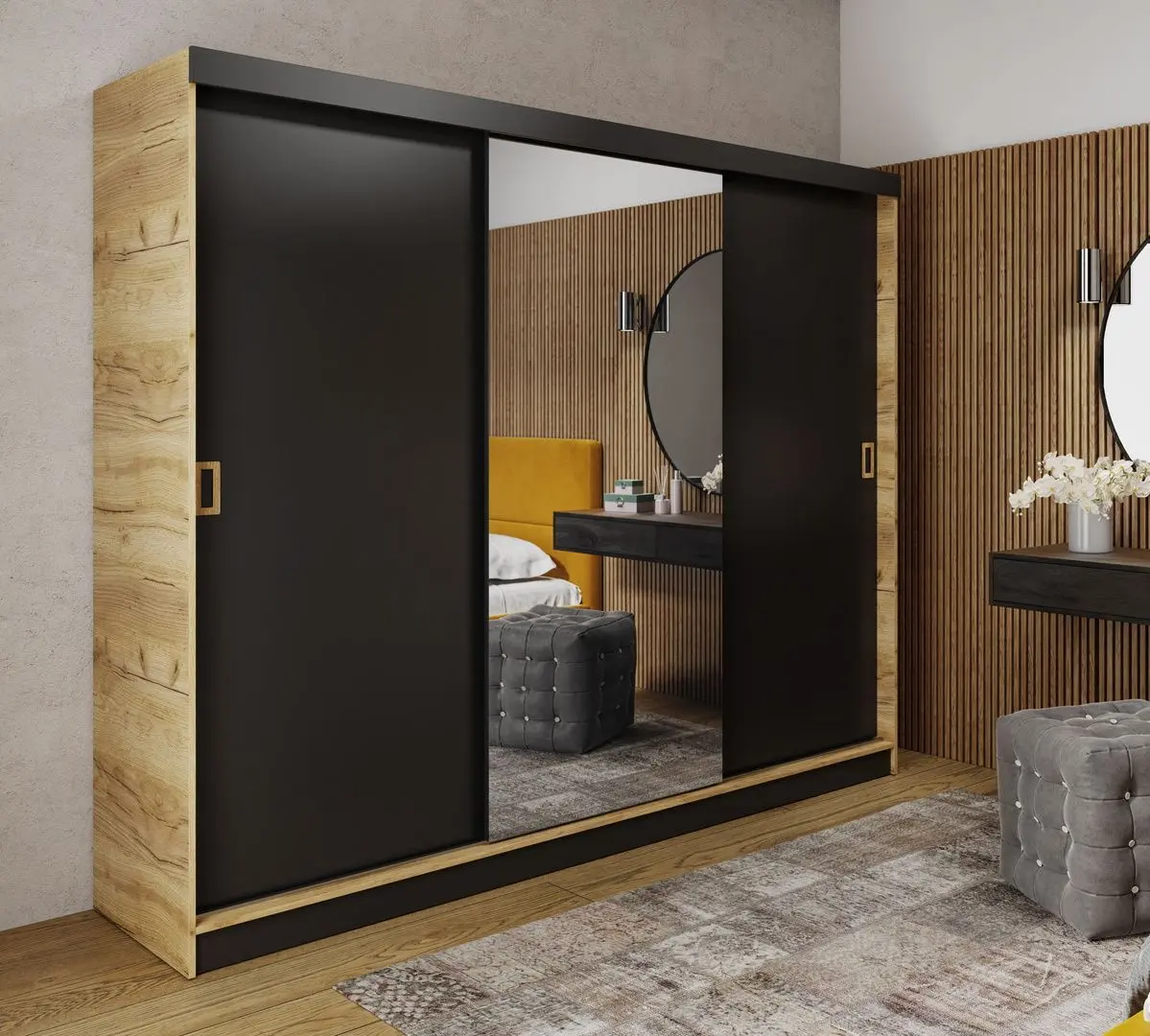 Dulap-cupe Prime Furniture Retro 1 Craft Oak Golden Handles 200x205x59 (Craft Oak Golden/Black)