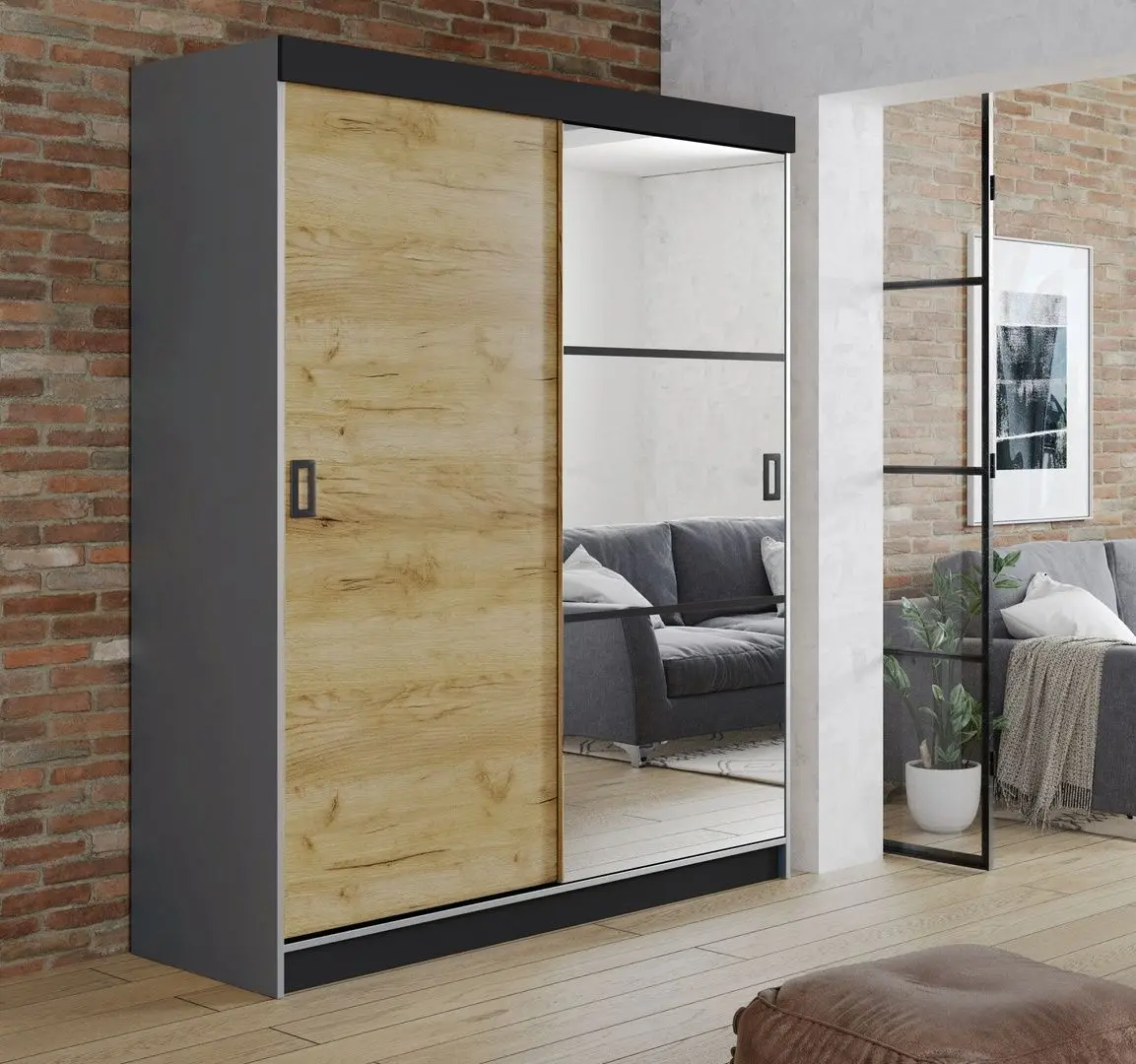 Dulap-cupe Prime Furniture Retro 5 138x205x59 (Graphite/Craft Oak Golden/Black)