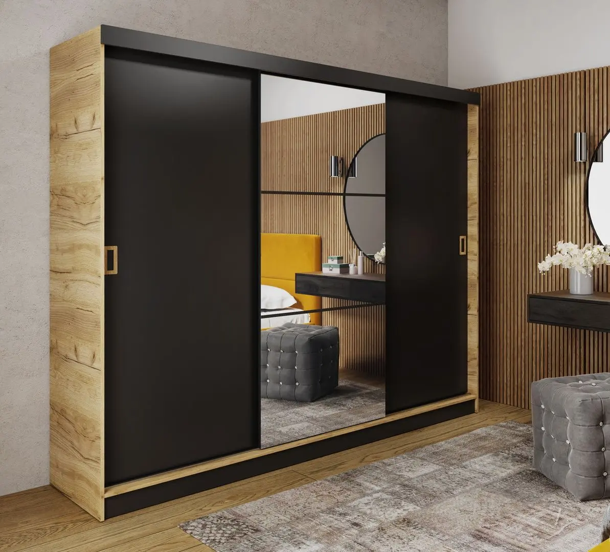 Dulap-cupe Prime Furniture Retro 5 Craft Oak Golden Handles 200x205x59 (Craft Oak Golden/Black)