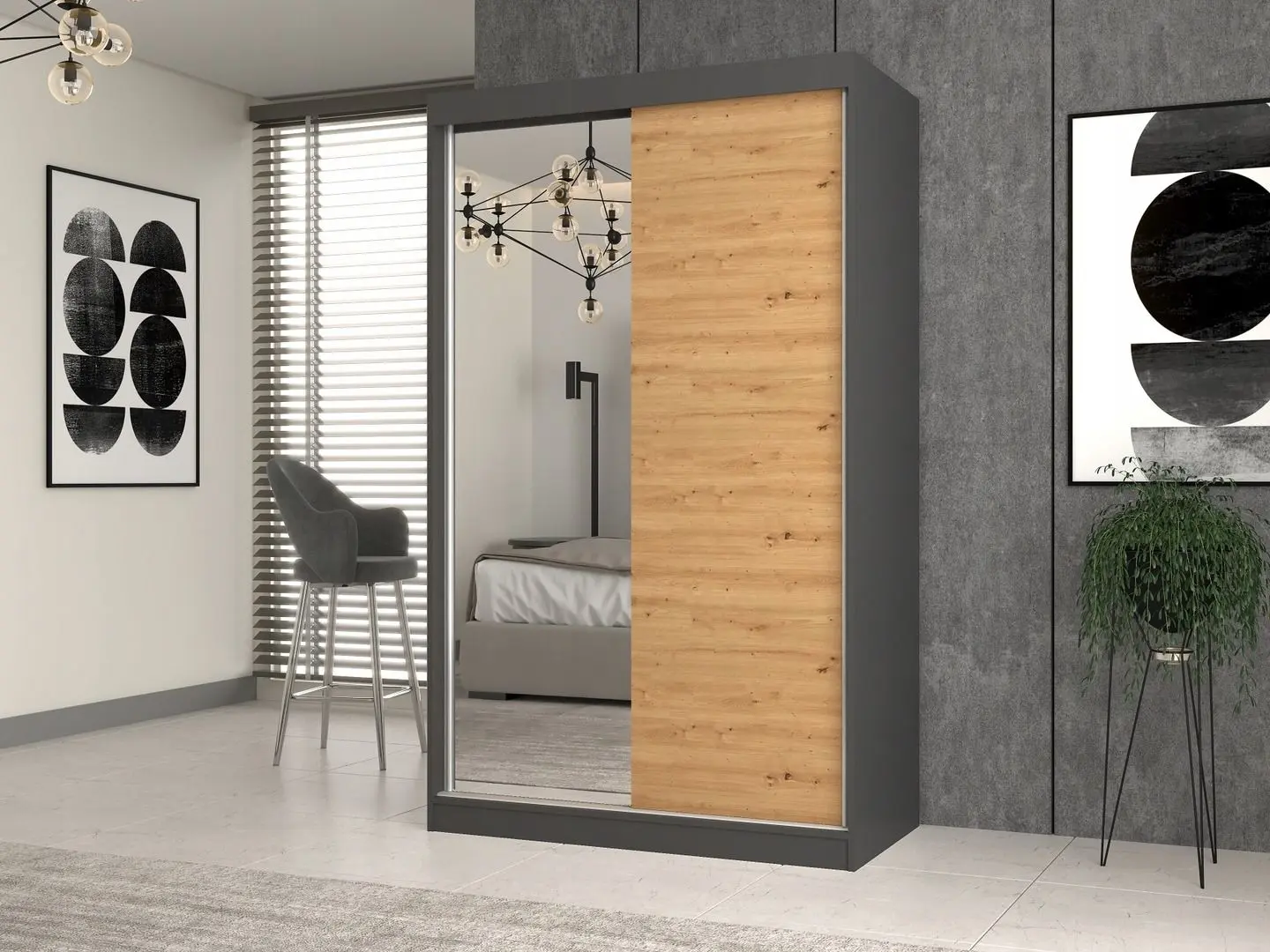 Dulap-cupe TopEshop Iga 120cm 1 Mirror/1 MDF (Anthracite/Artisan Oak) - 2