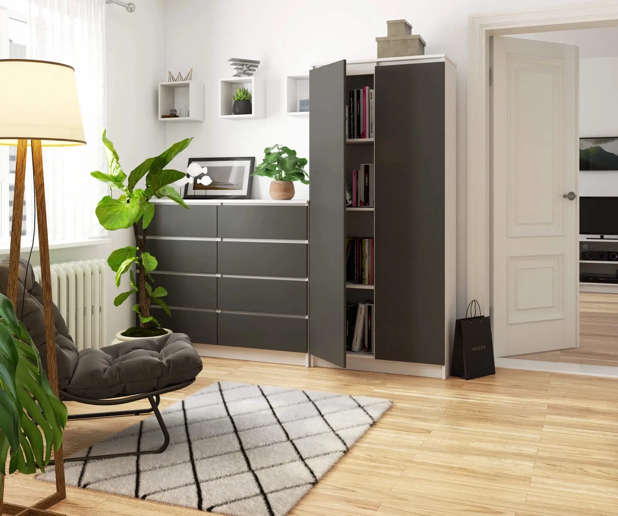 Dulap Akord R80 2D 8P (White/Graphite Grey)