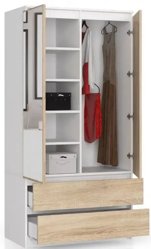 Dulap Akord S90 2D2SZ 2 Lustro (White/Sonoma Oak)