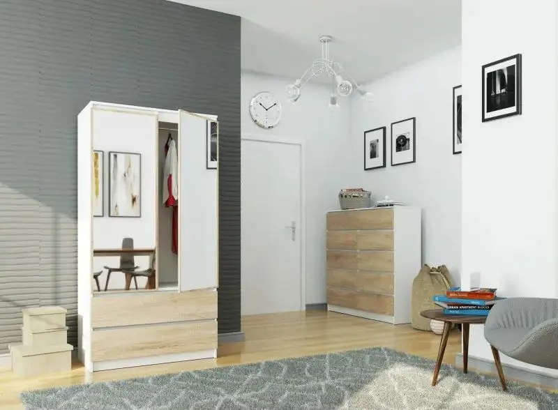 Dulap Akord S90 2D2SZ 2 Lustro (White/Sonoma Oak)