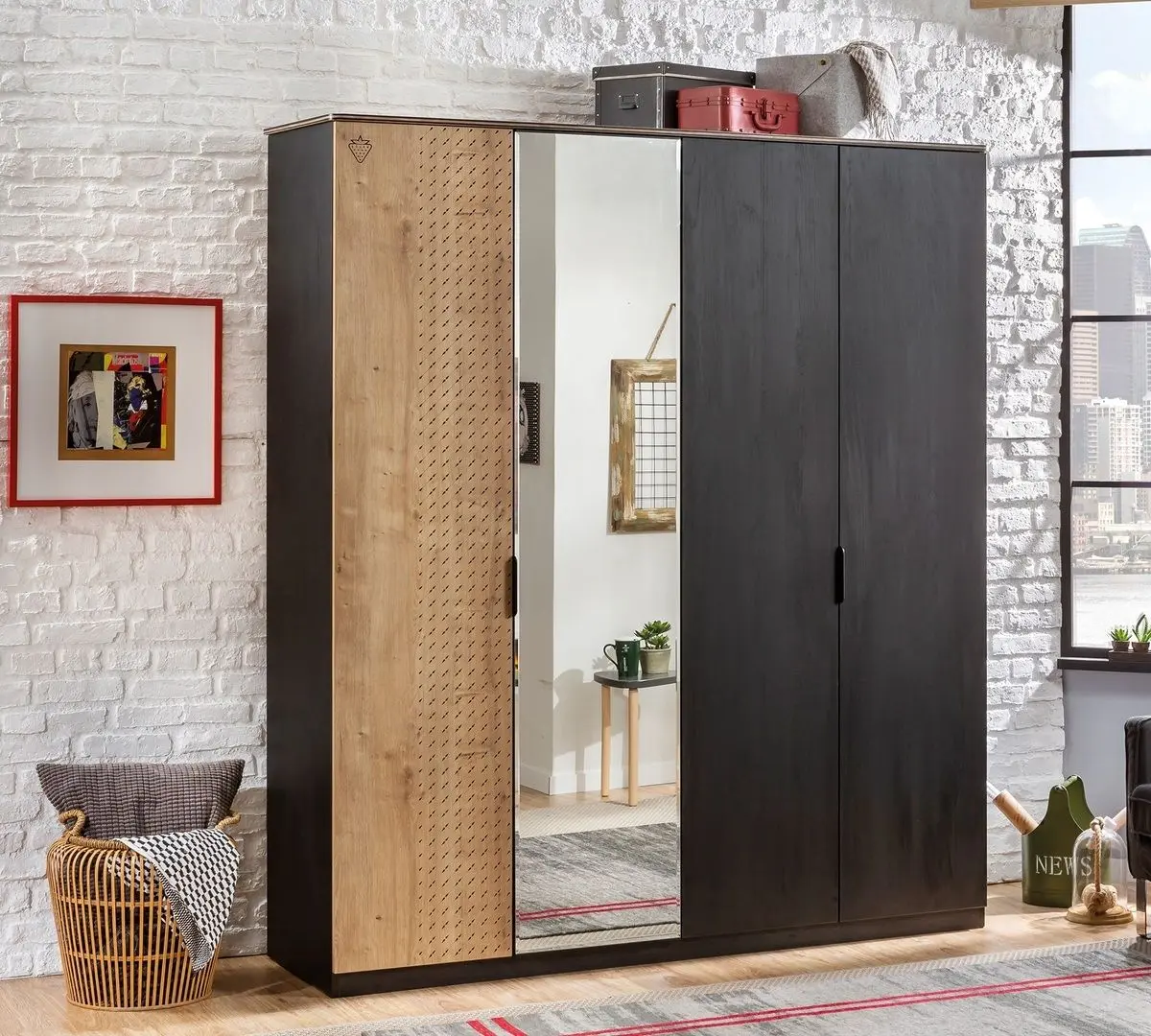 Dulap cu 4 usi si oglinda Cilek Black 20.58.1005.00 - 3