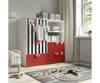 Dulap Ikea Smastad/Platsa 3 sertare 120x57x123 (Alb/Rosu/Dunga)