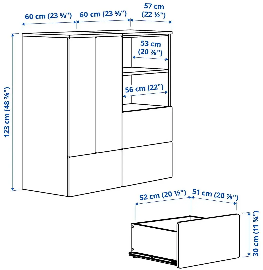 Dulap Ikea Smastad/Platsa 3 sertare 120x57x123 (Alb-negru/Alb/Dunga)