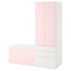 Шкаф Ikea Smastad/Platsa со скамейкой 150x55x180 (Белый/Бледно-Розовый)