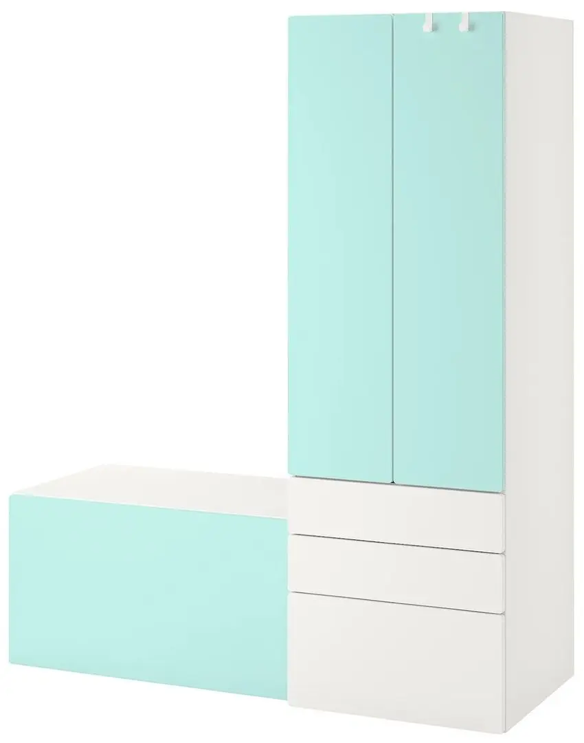 Шкаф Ikea Smastad/Platsa со скамейкой 150x55x180 (Белый/Светло-Бирюзовый)